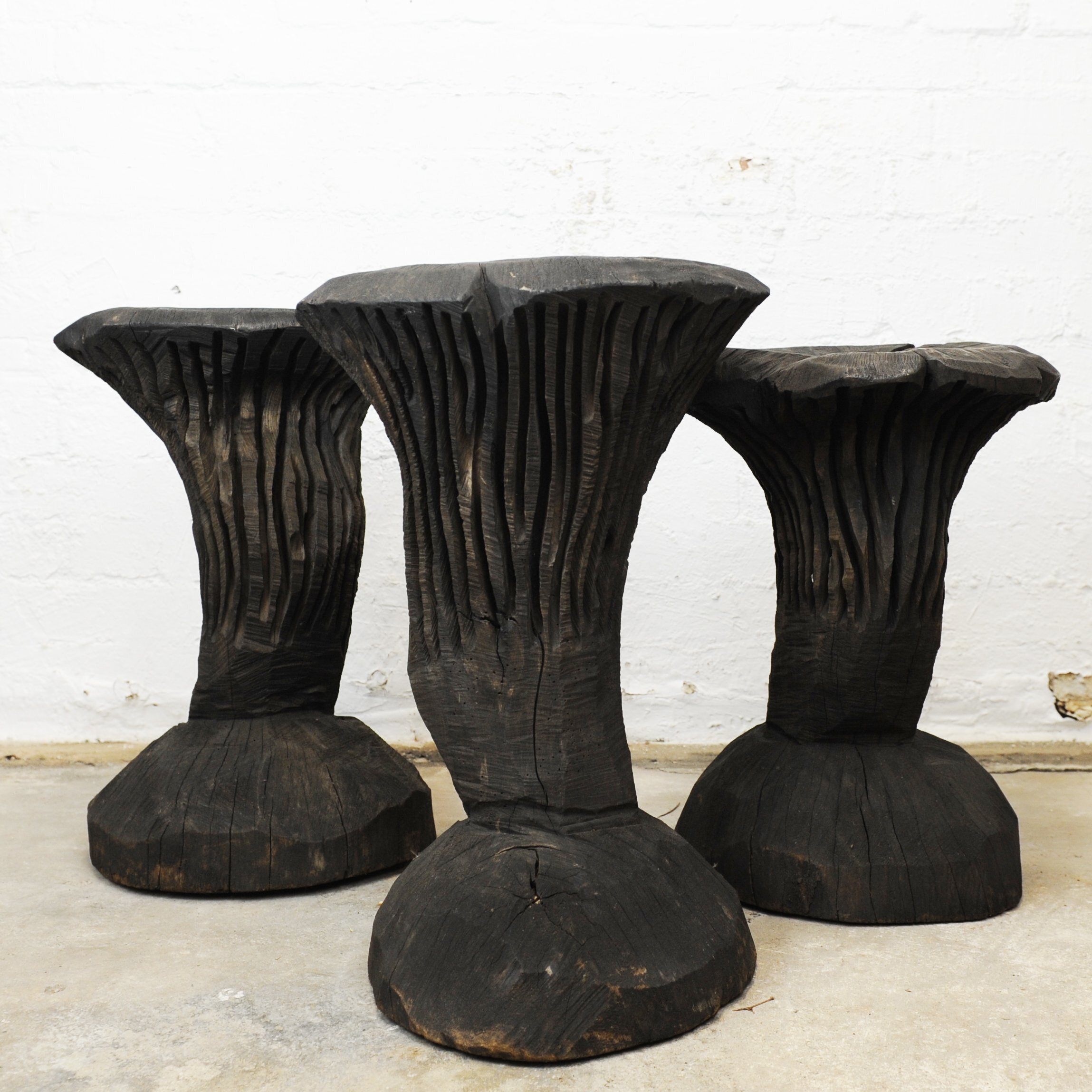 Solid Burnt Wood, Sculptural Side Tables, Set Of 3, 1980s