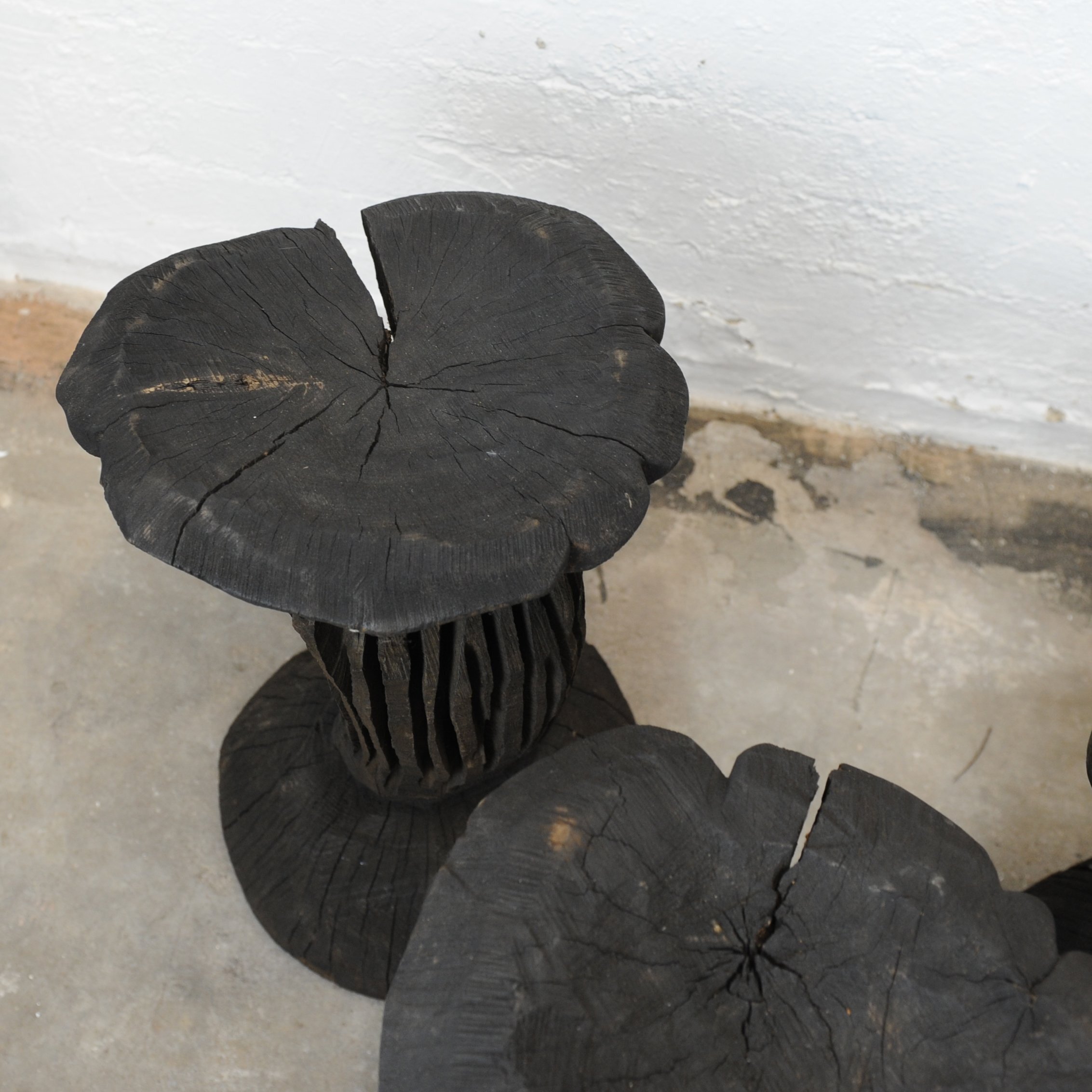Solid Burnt Wood, Sculptural Side Tables, Set Of 3, 1980s