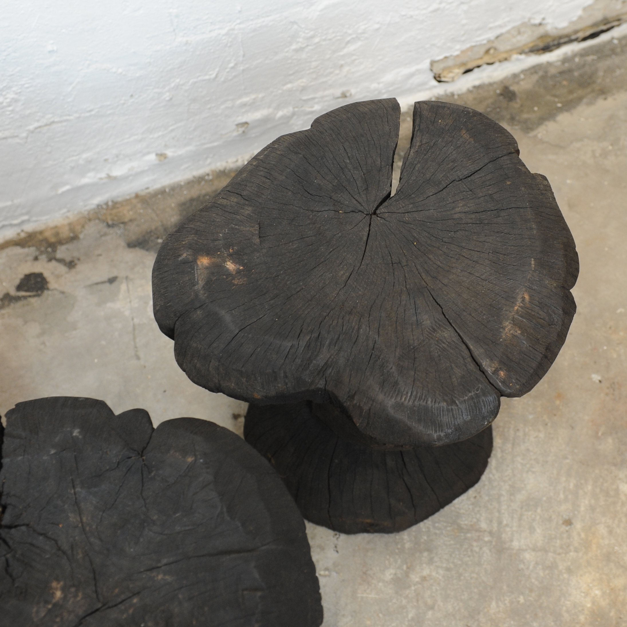 Solid Burnt Wood, Sculptural Side Tables, Set Of 3, 1980s