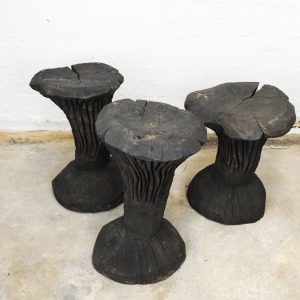 Solid Burnt Wood, Sculptural Side Tables, Set Of 3, 1980s
