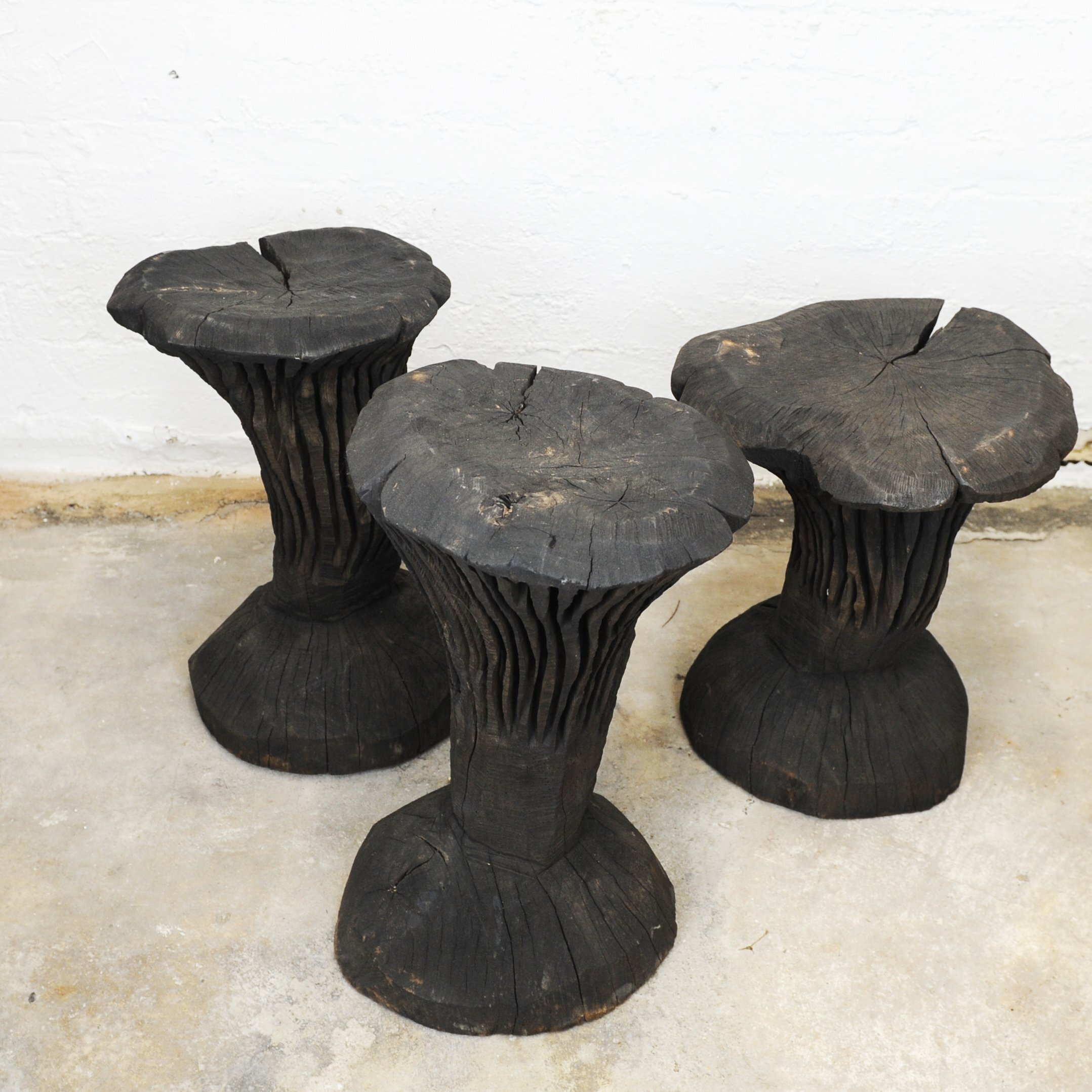 Solid Burnt Wood, Sculptural Side Tables, Set Of 3, 1980s