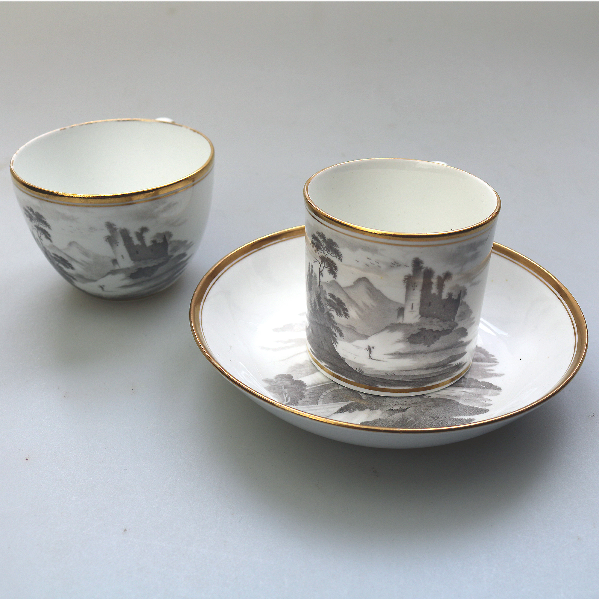 An antique Georgian porcelain Bat Transfer Spode Cup Saucer & Coffee Can C.1805