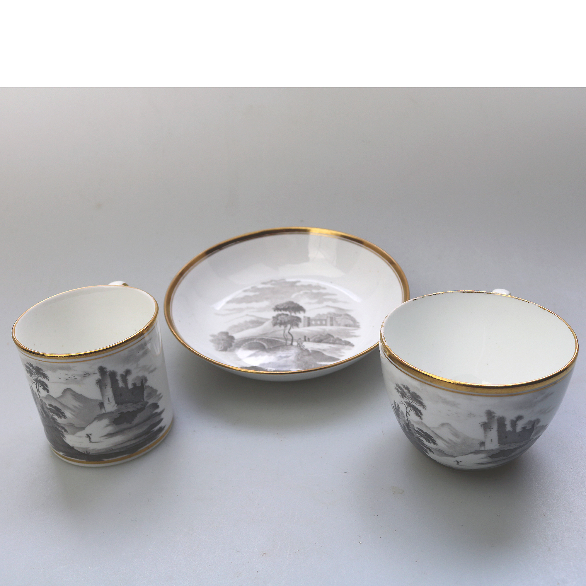 An antique Georgian porcelain Bat Transfer Spode Cup Saucer & Coffee Can C.1805