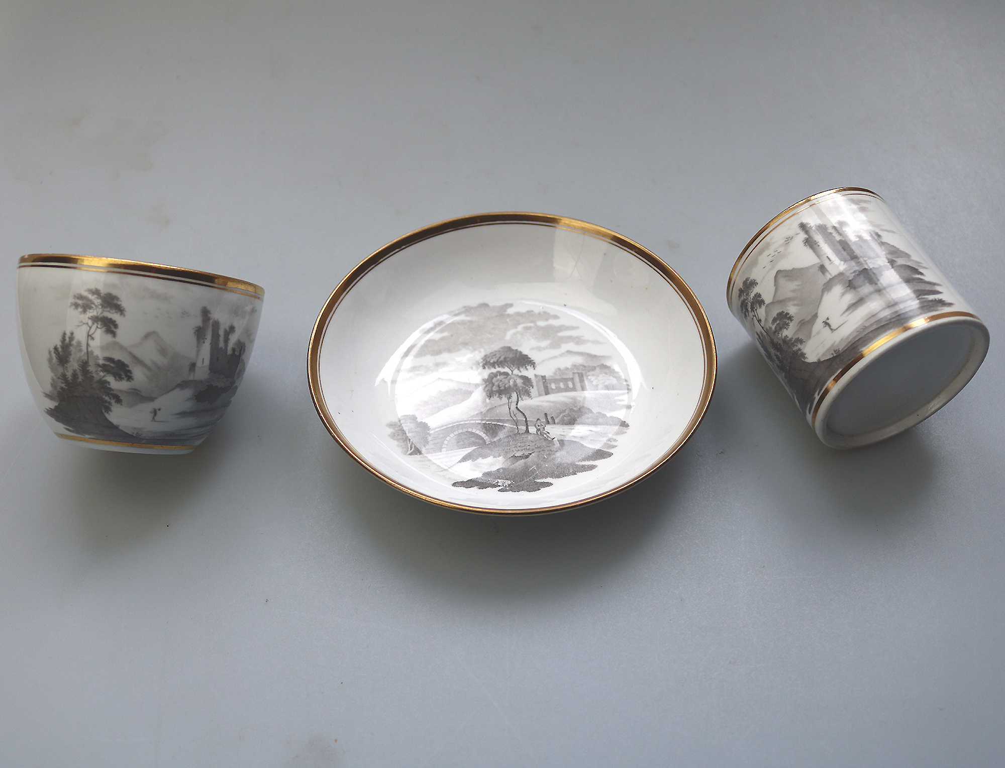 An antique Georgian porcelain Bat Transfer Spode Cup Saucer & Coffee Can C.1805
