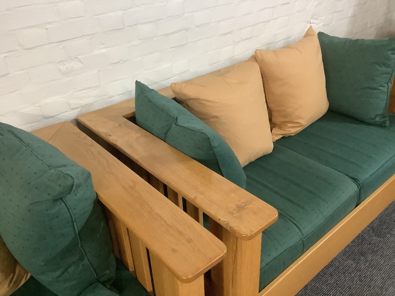 A Substantial Pair Of 3 Seater Settees In Solid English Light Oak.