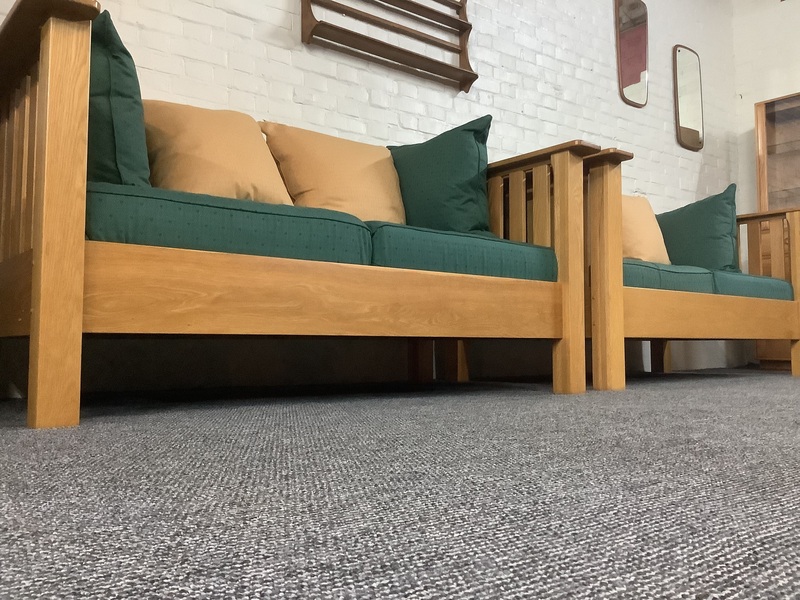 A Substantial Pair Of 3 Seater Settees In Solid English Light Oak.