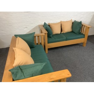 A Substantial Pair Of 3 Seater Settees In Solid English Light Oak.