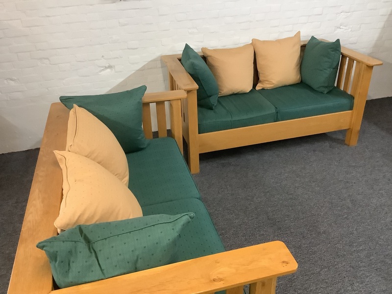 A Substantial Pair Of 3 Seater Settees In Solid English Light Oak.