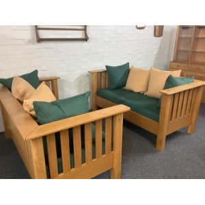 A Substantial Pair Of 3 Seater Settees In Solid English Light Oak.