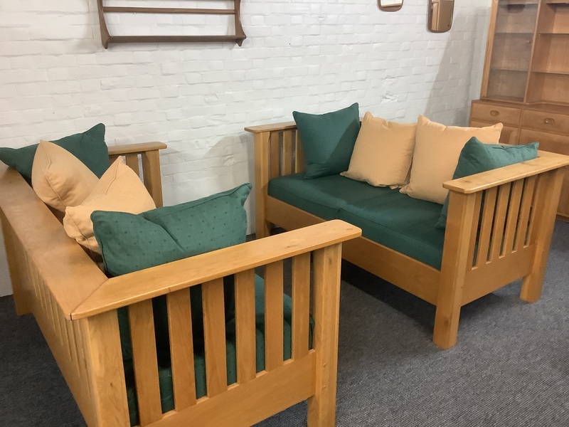 A Substantial Pair Of 3 Seater Settees In Solid English Light Oak.