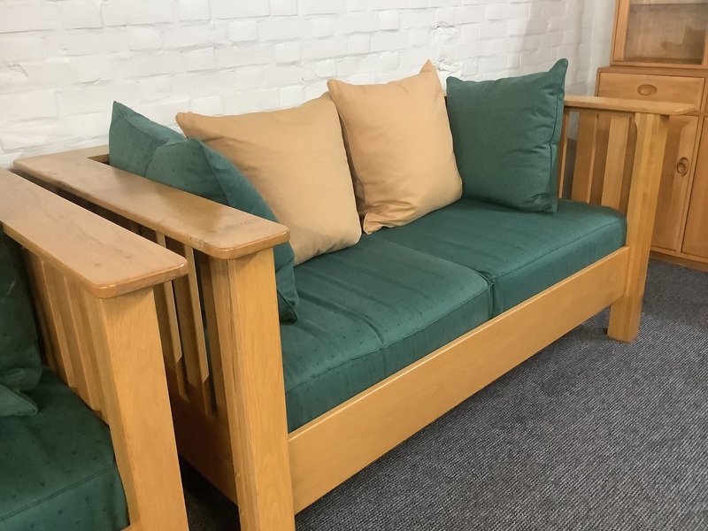 A Substantial Pair Of 3 Seater Settees In Solid English Light Oak.
