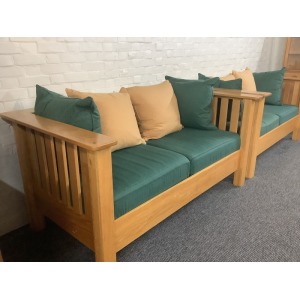 A Substantial Pair Of 3 Seater Settees In Solid English Light Oak.