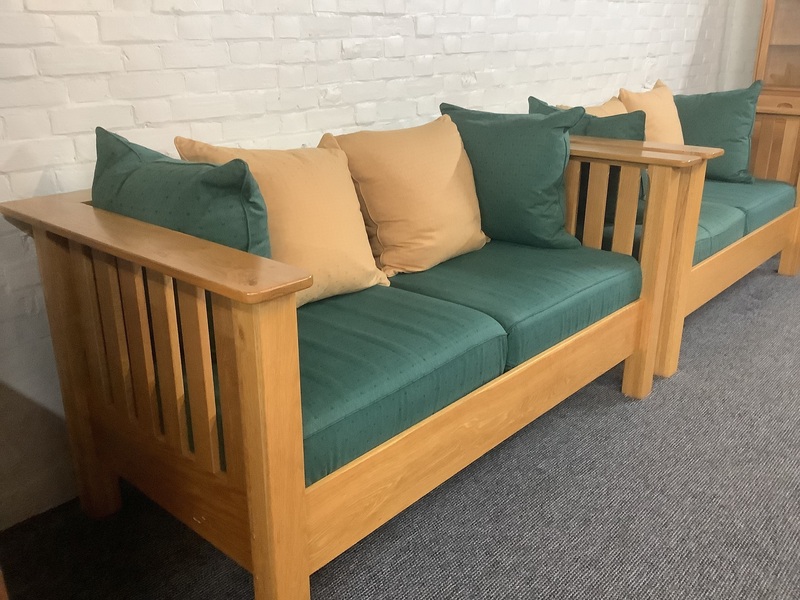 A Substantial Pair Of 3 Seater Settees In Solid English Light Oak.