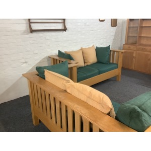 A Substantial Pair Of 3 Seater Settees In Solid English Light Oak.