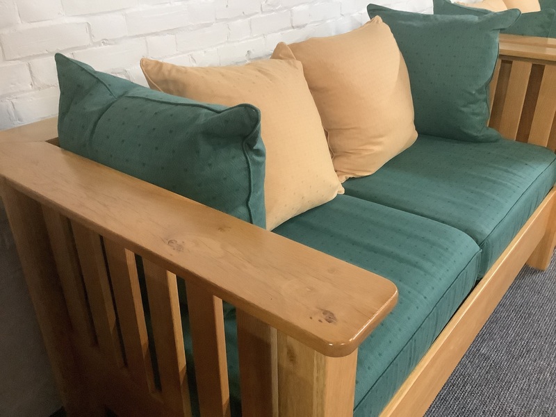 A Substantial Pair Of 3 Seater Settees In Solid English Light Oak.