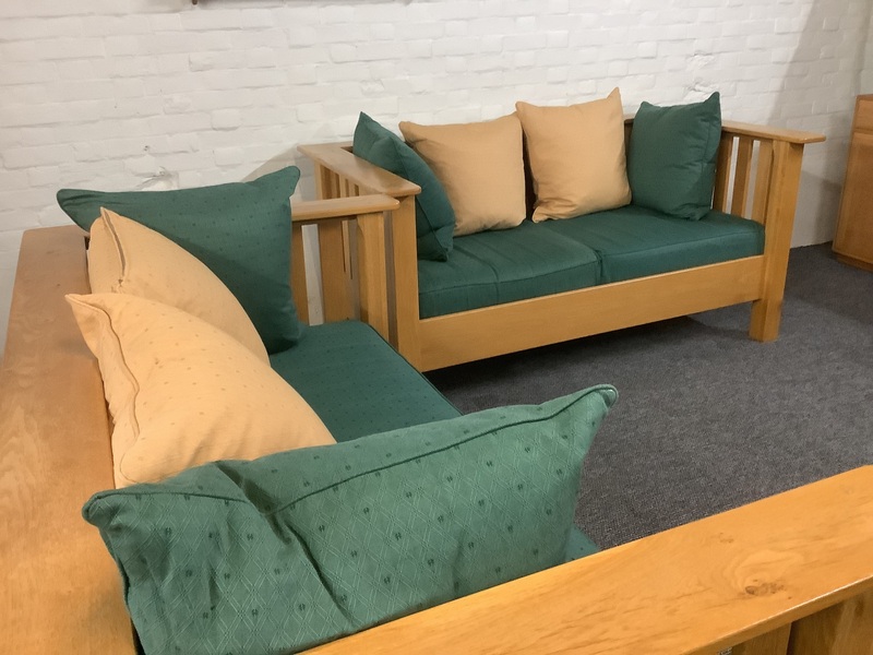A Substantial Pair Of 3 Seater Settees In Solid English Light Oak.