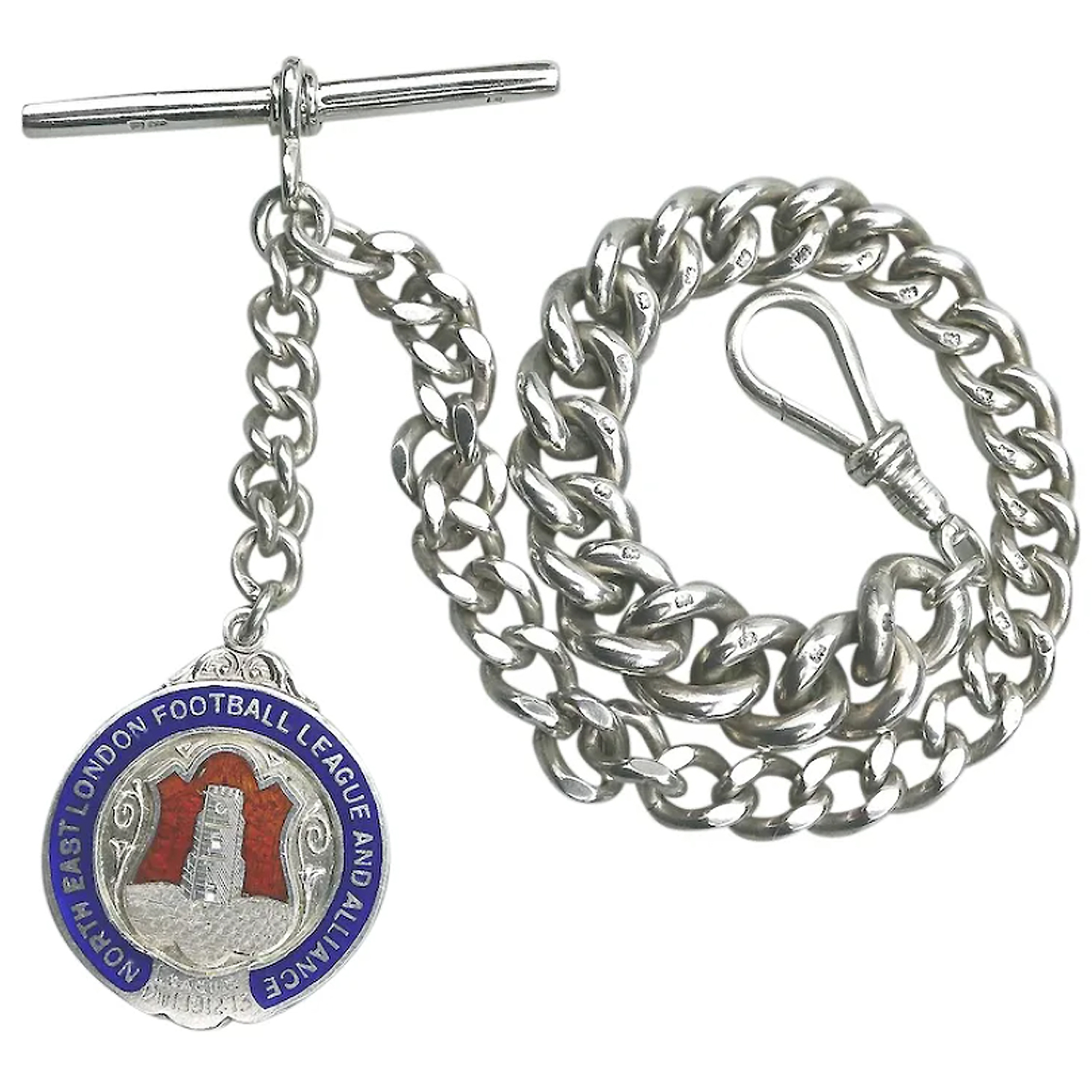 A very heavy antique English solid silver Watch Albert and Football Fob 91g C.1913