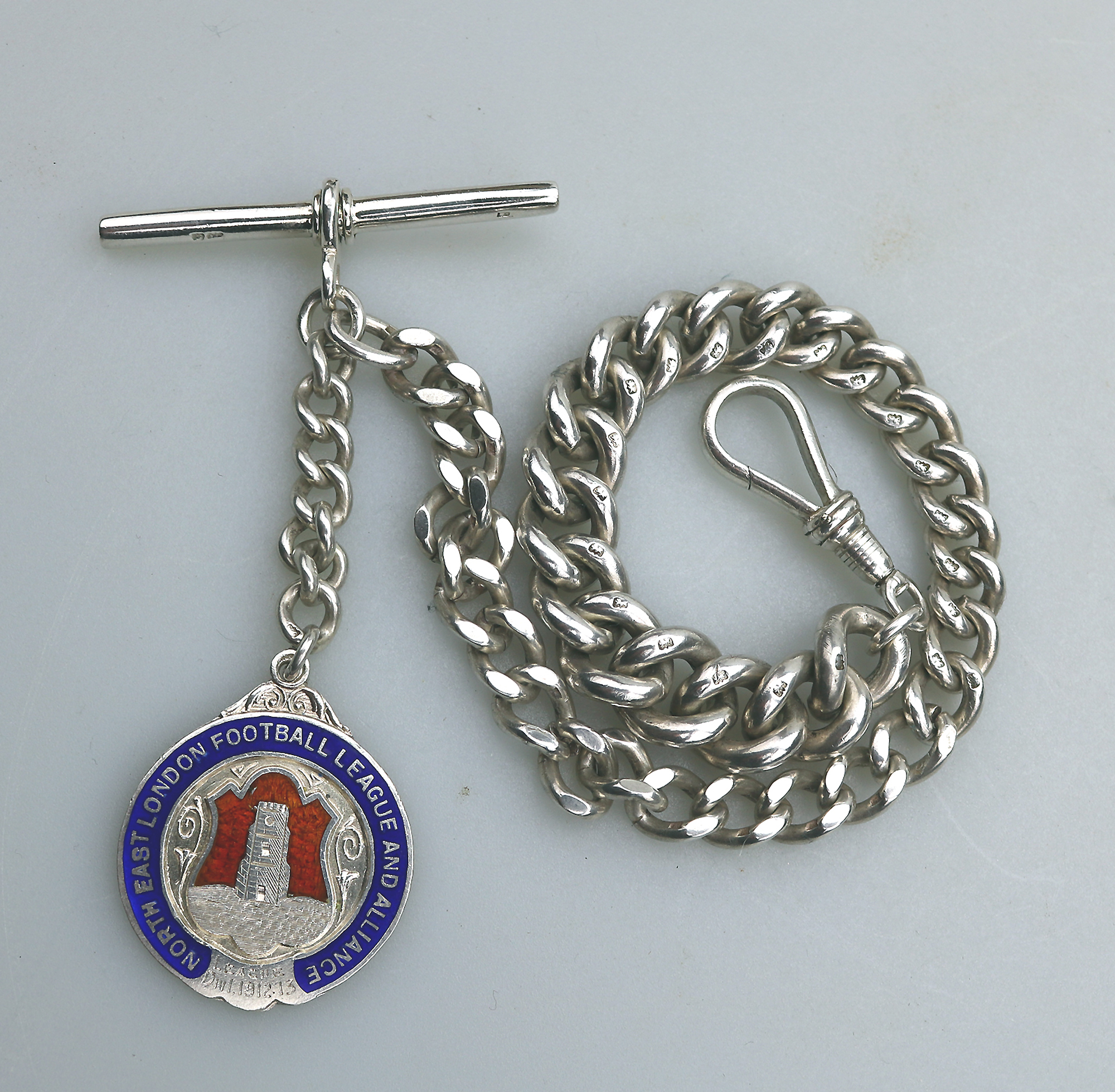 A very heavy antique English solid silver Watch Albert and Football Fob 91g C.1913