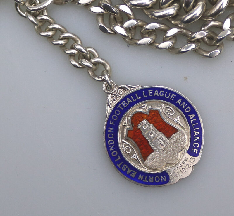 A very heavy antique English solid silver Watch Albert and Football Fob 91g C.1913