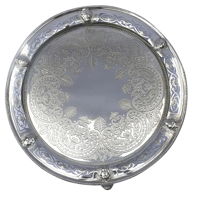 Highly unusual antique silver plated Salver with cast Zeus / Satyr heads C.1870