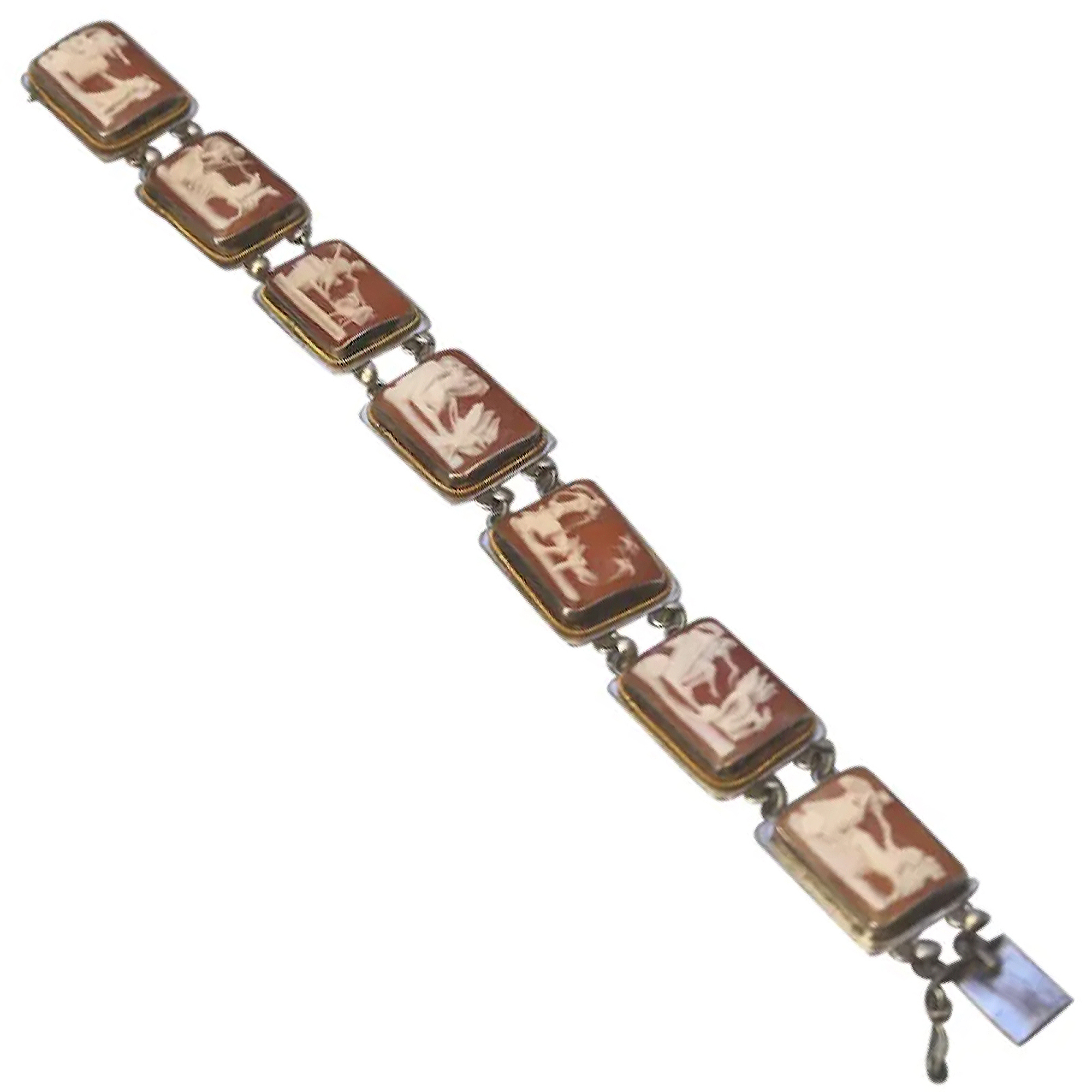 An attractive 7 panel antique 800 solid silver Cameo shell Bracelet C.1940's