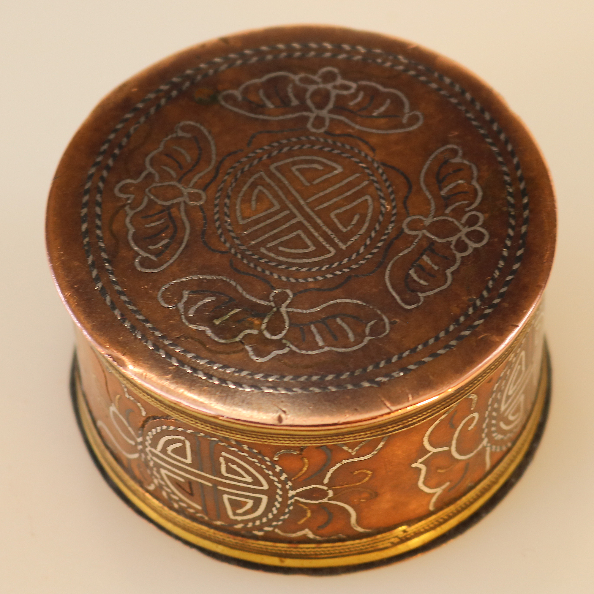 A fine antique Chinese late Qing period silver inlaid on copper Ink Box C.19thC