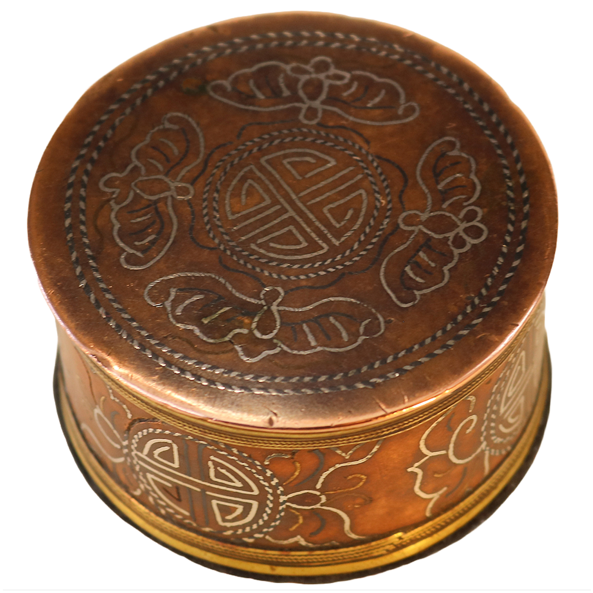 A fine antique Chinese late Qing period silver inlaid on copper Ink Box C.19thC
