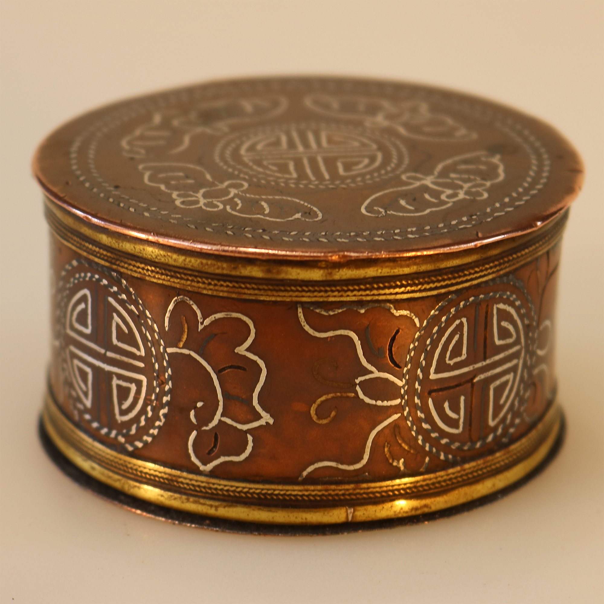 A fine antique Chinese late Qing period silver inlaid on copper Ink Box C.19thC