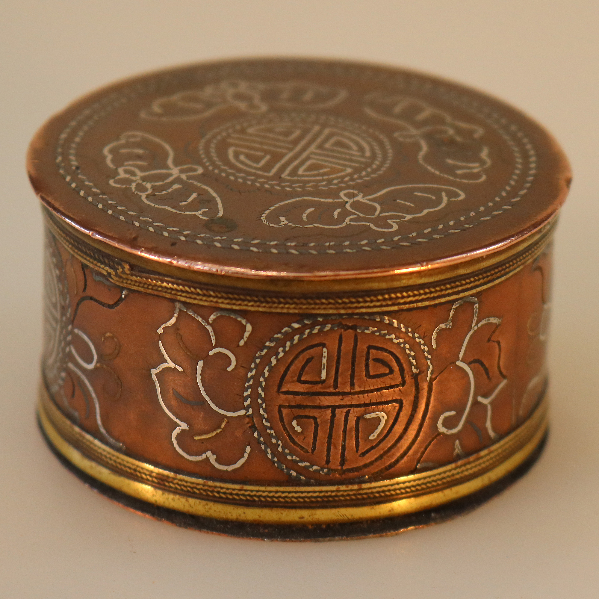 A fine antique Chinese late Qing period silver inlaid on copper Ink Box C.19thC