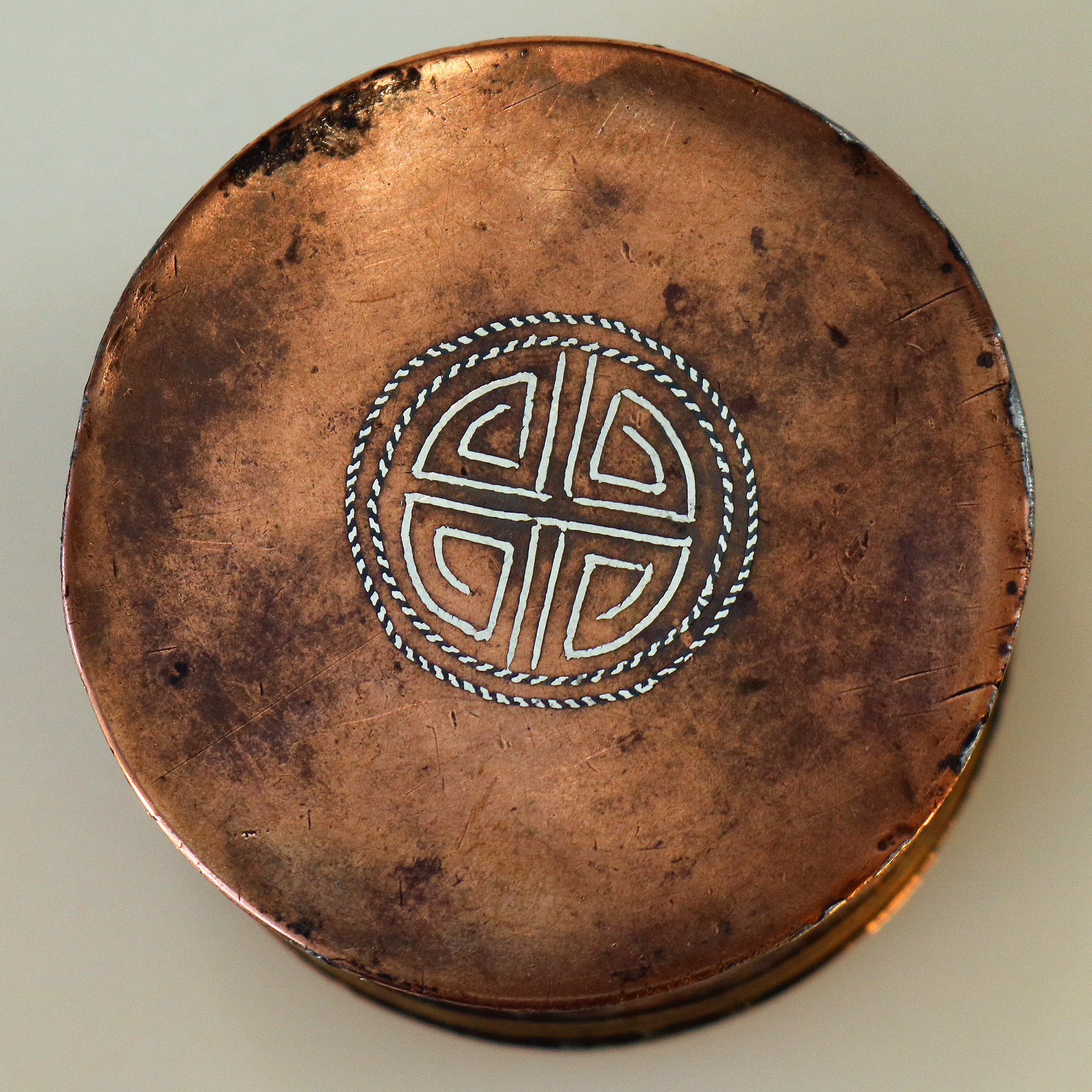 A fine antique Chinese late Qing period silver inlaid on copper Ink Box C.19thC