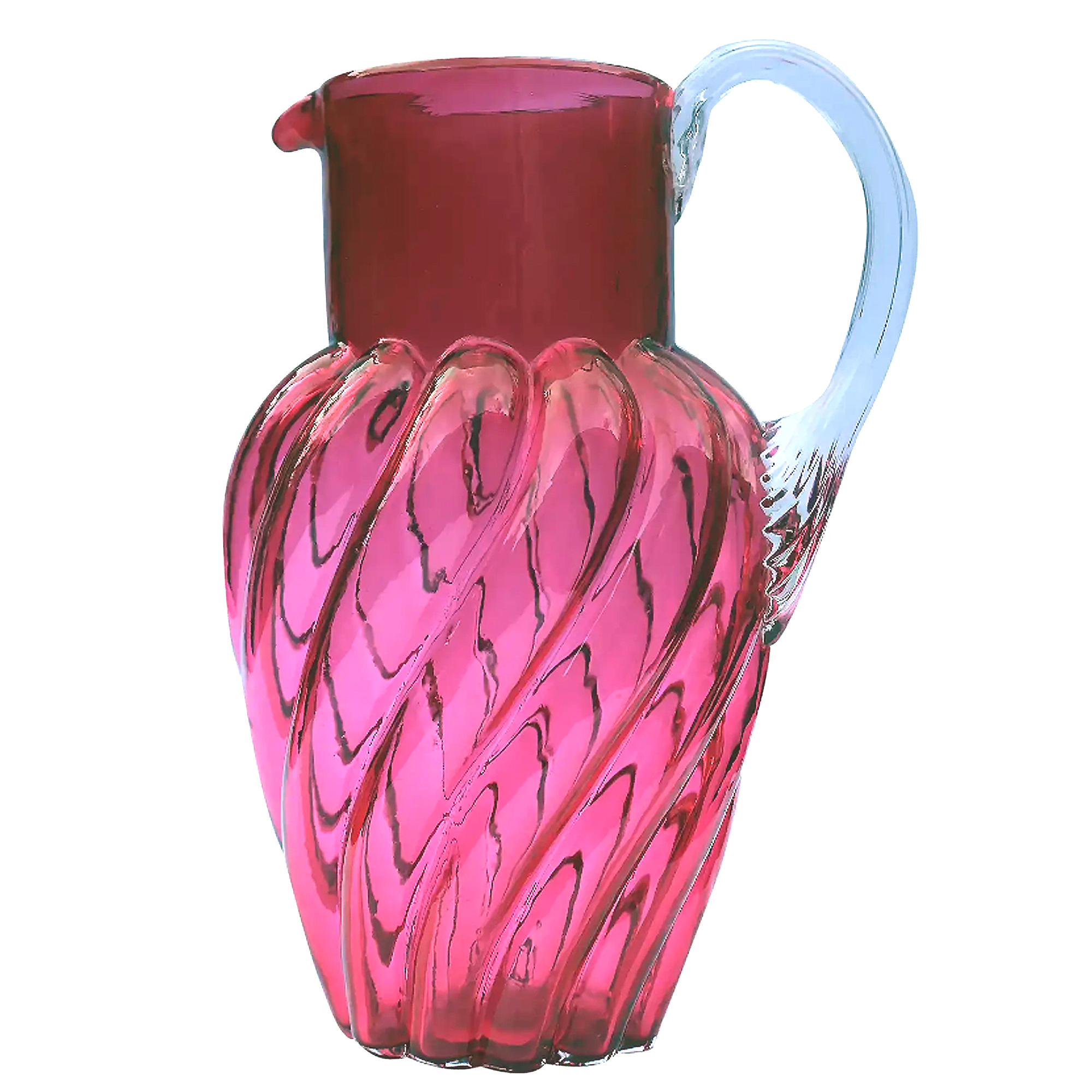 An extraordinary and large antique wrythen pattern cranberry glass Jug C.1900