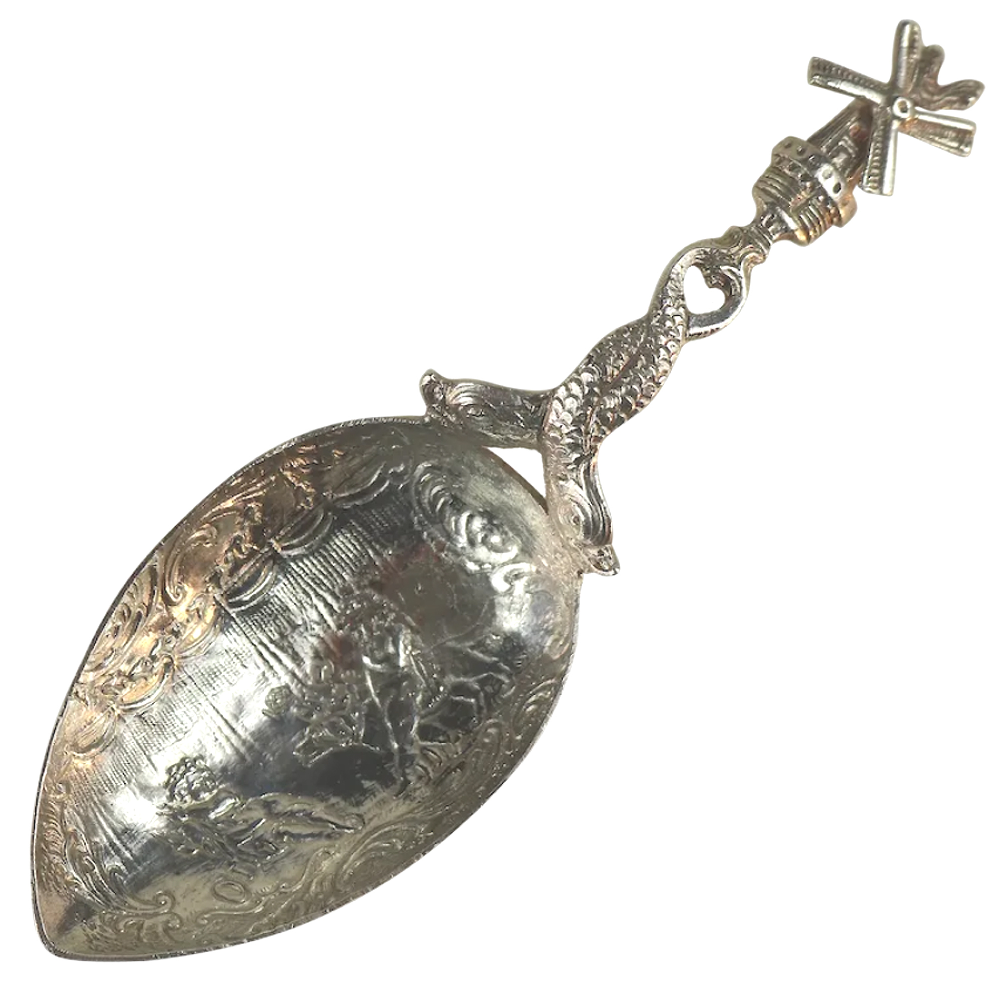 A 925 solid silver Caddy Spoon with twin dolphin and windmill stem C.early 20thC