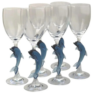 A designer set 6X vintage art glass novelty dolphin stem Champagne Wine Glasses