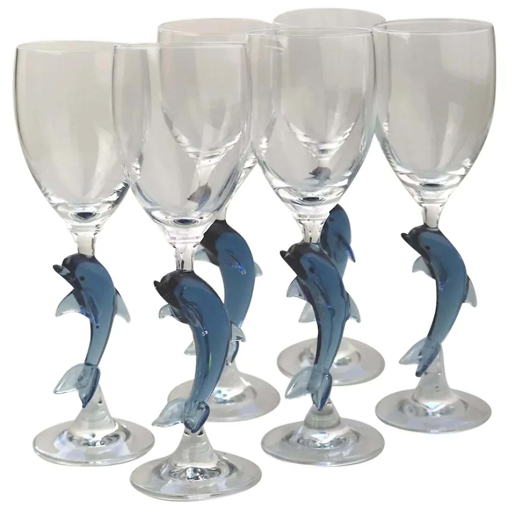A designer set 6X vintage art glass novelty dolphin stem Champagne Wine Glasses