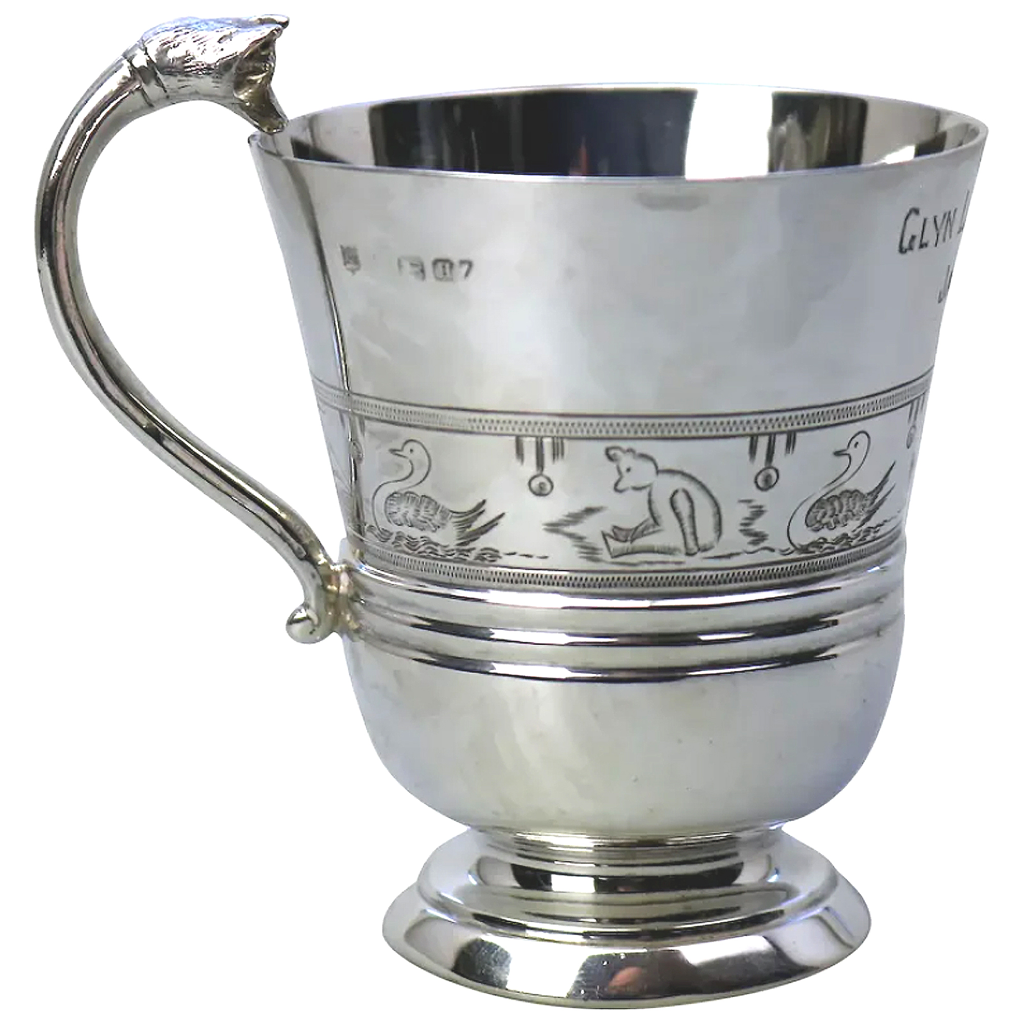 An extremely unusual solid silver novelty Fox handled Nursery Mug 100g C.1932