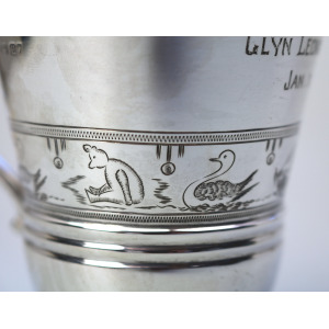 An extremely unusual solid silver novelty Fox handled Nursery Mug 100g C.1932