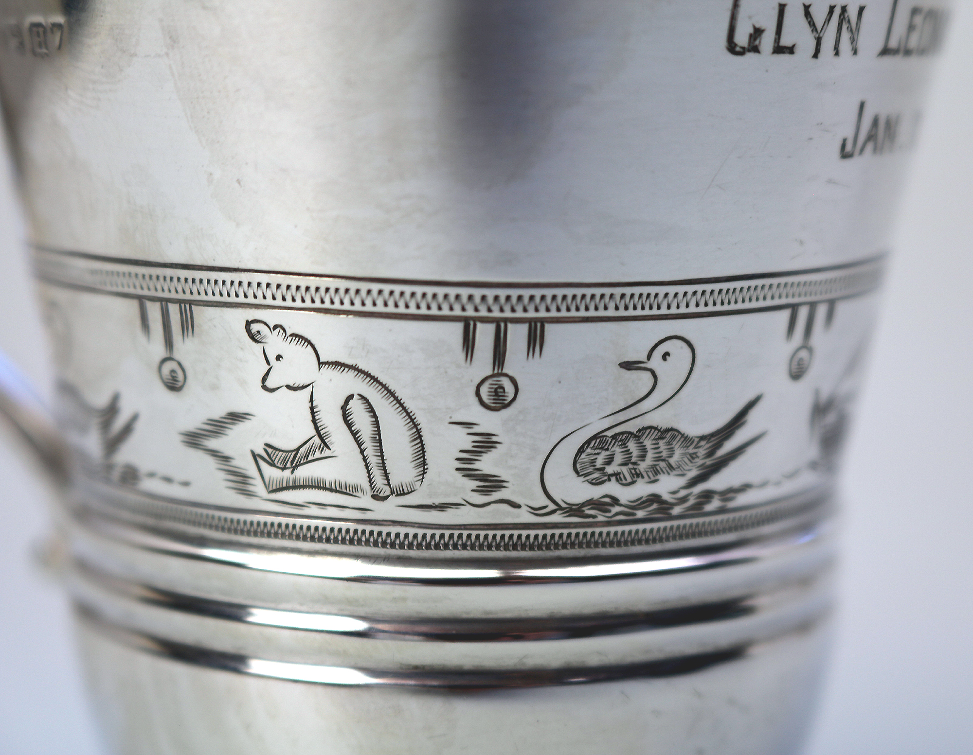An extremely unusual solid silver novelty Fox handled Nursery Mug 100g C.1932