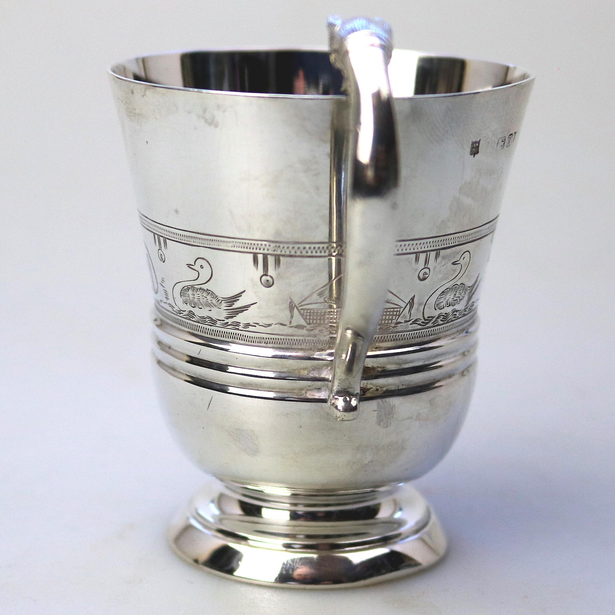 An extremely unusual solid silver novelty Fox handled Nursery Mug 100g C.1932