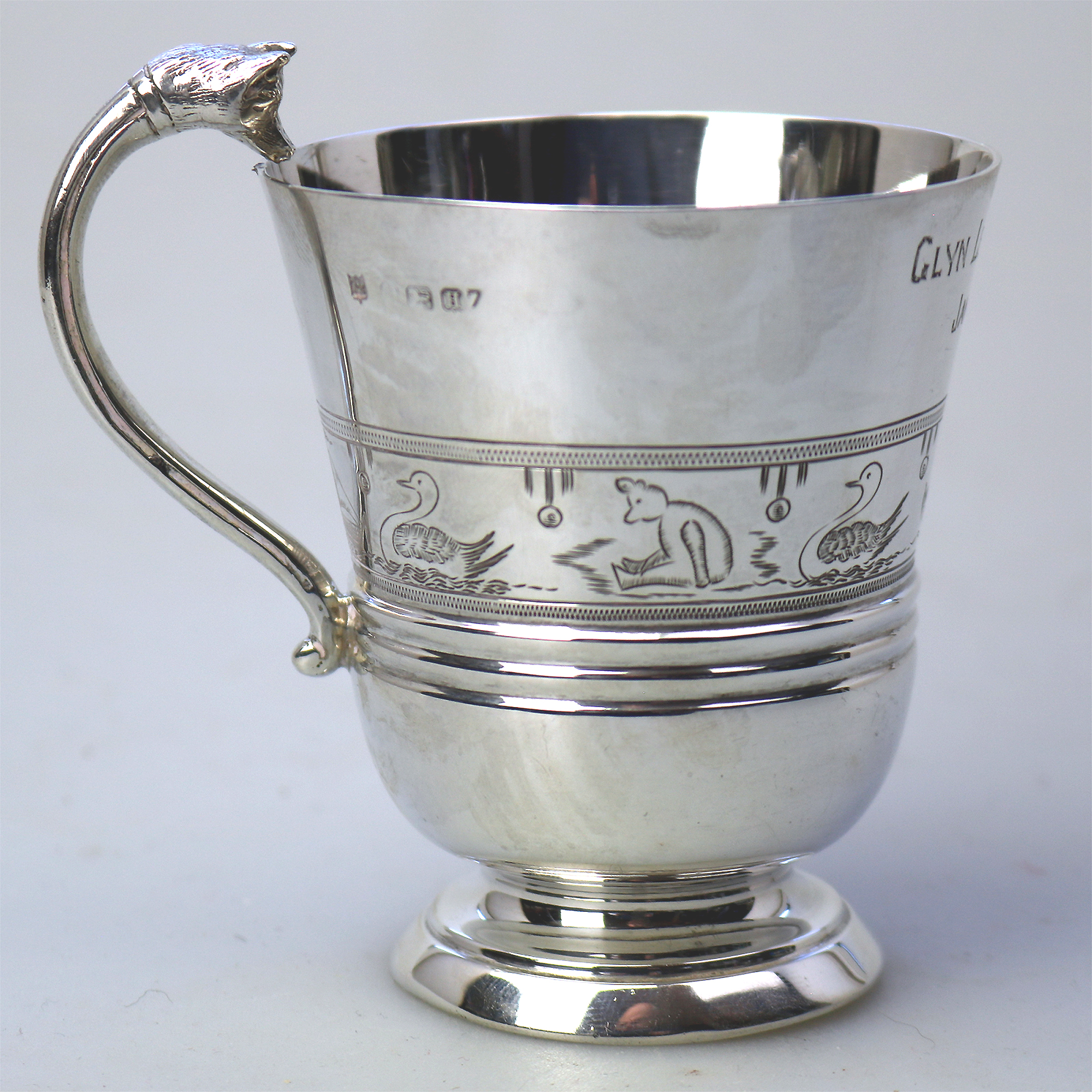 An extremely unusual solid silver novelty Fox handled Nursery Mug 100g C.1932