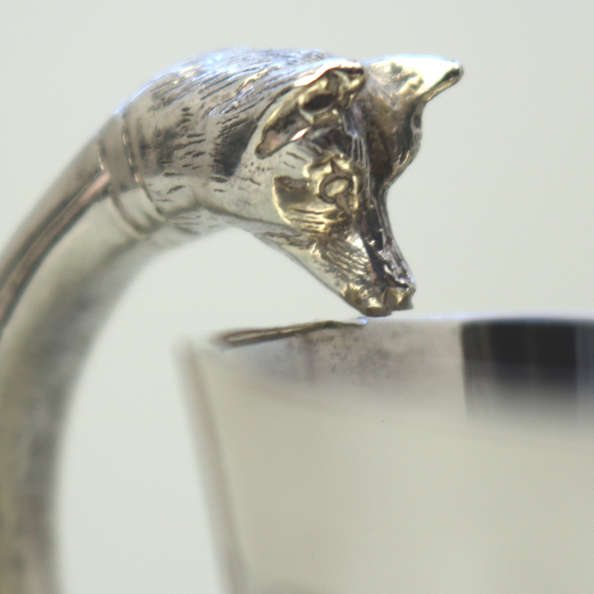 An extremely unusual solid silver novelty Fox handled Nursery Mug 100g C.1932