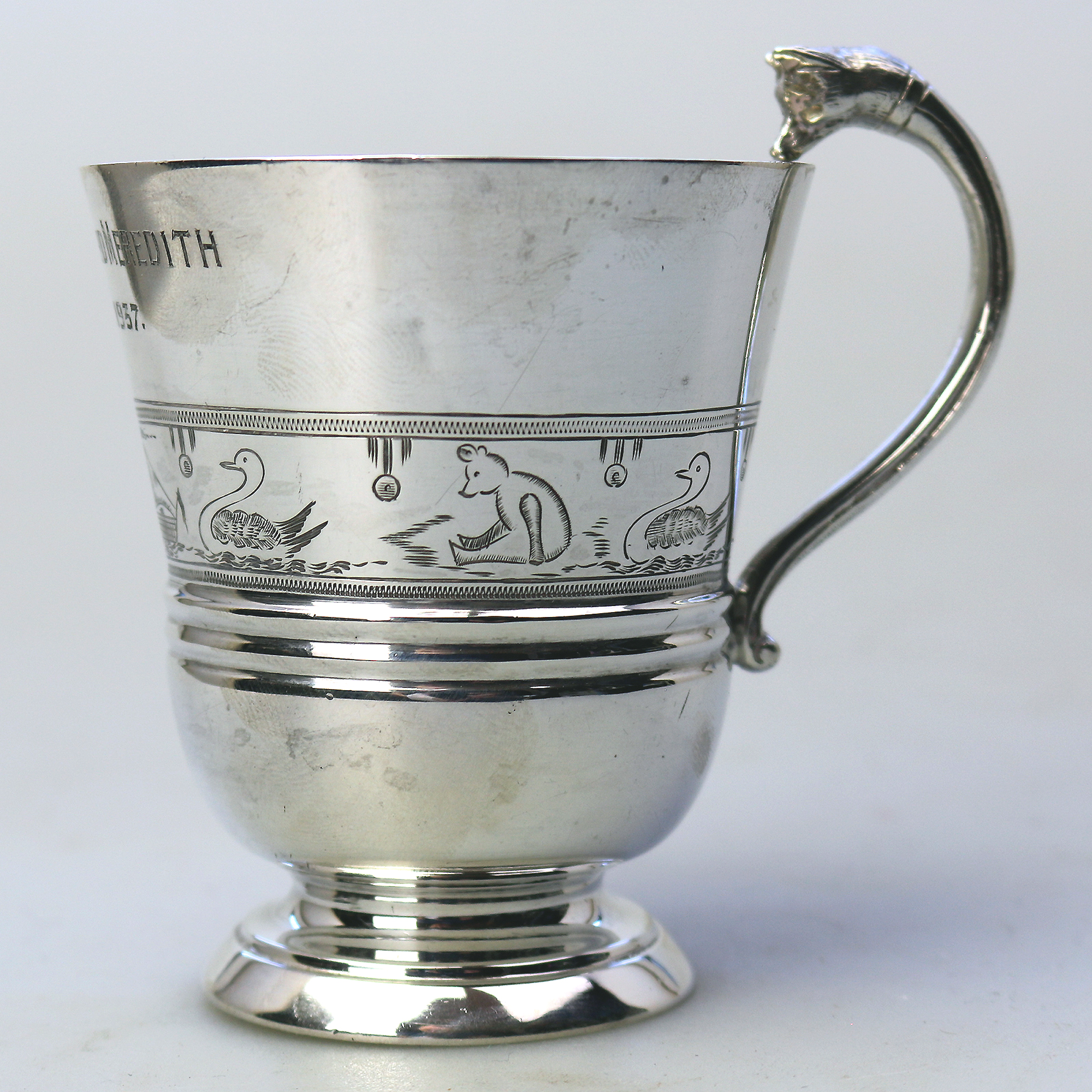 An extremely unusual solid silver novelty Fox handled Nursery Mug 100g C.1932