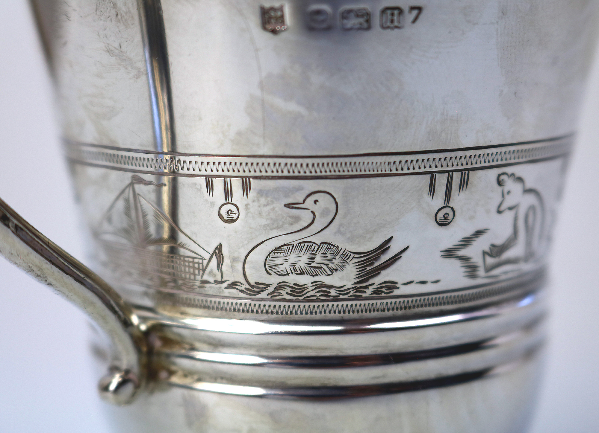 An extremely unusual solid silver novelty Fox handled Nursery Mug 100g C.1932