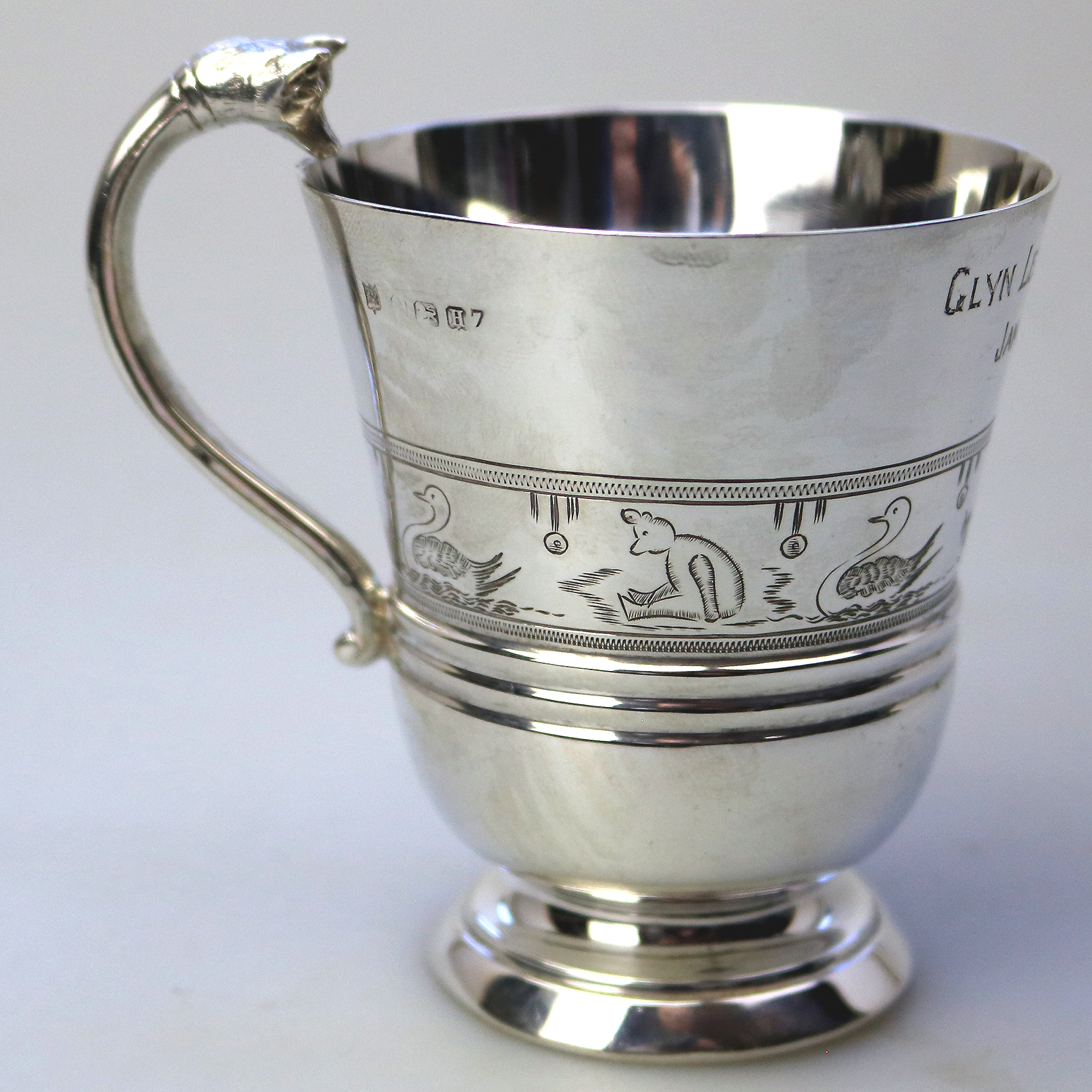 An extremely unusual solid silver novelty Fox handled Nursery Mug 100g C.1932