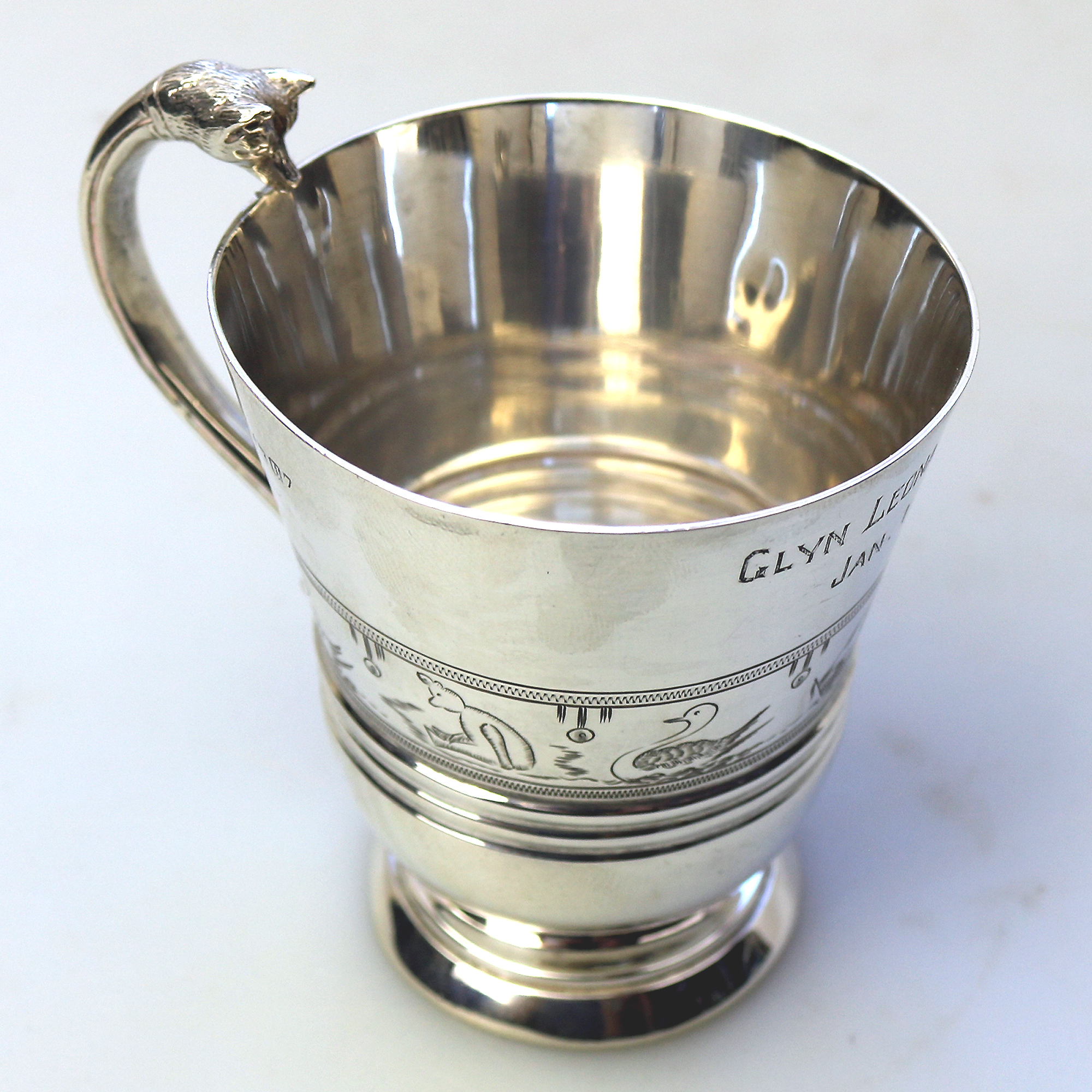 An extremely unusual solid silver novelty Fox handled Nursery Mug 100g C.1932