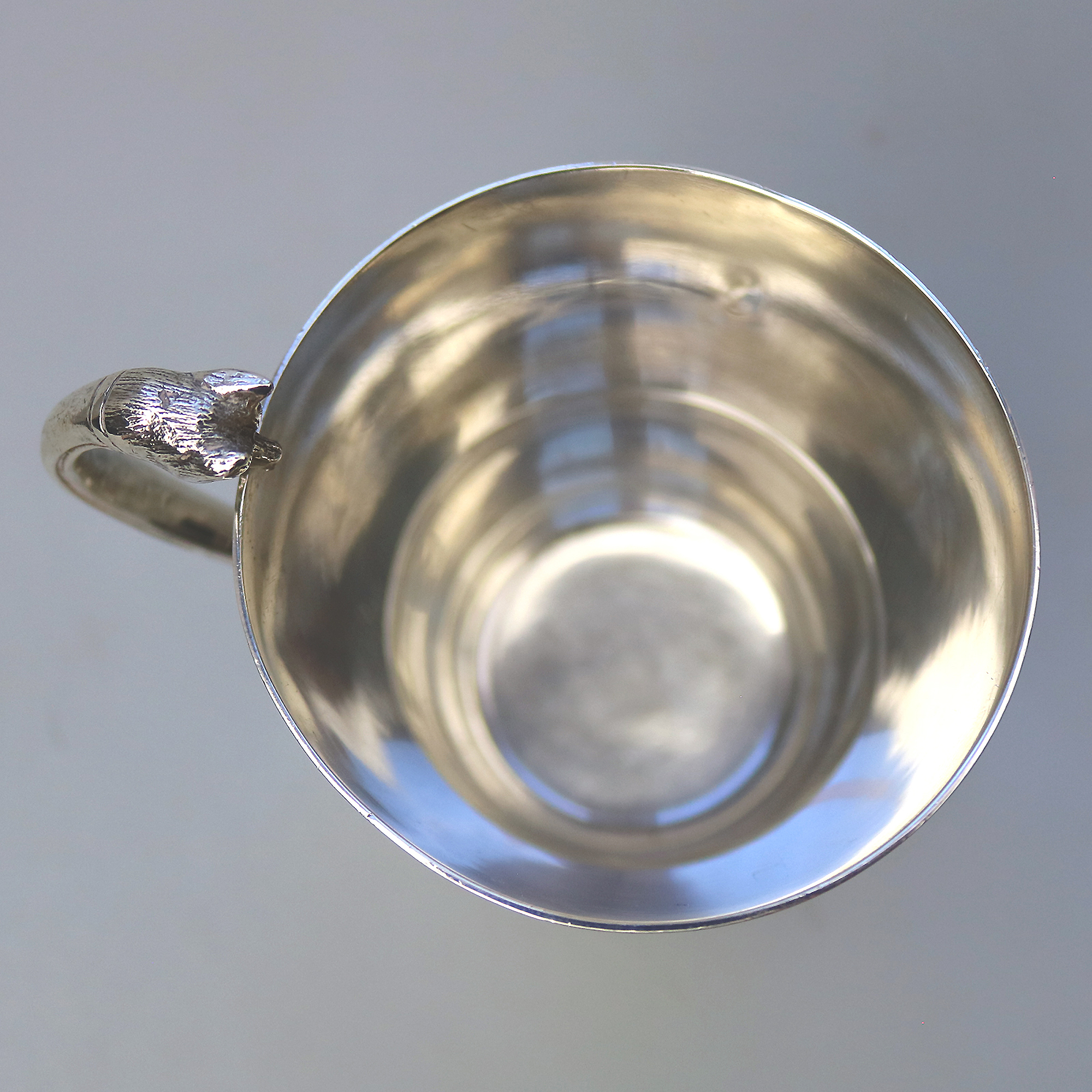 An extremely unusual solid silver novelty Fox handled Nursery Mug 100g C.1932