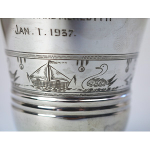 An extremely unusual solid silver novelty Fox handled Nursery Mug 100g C.1932