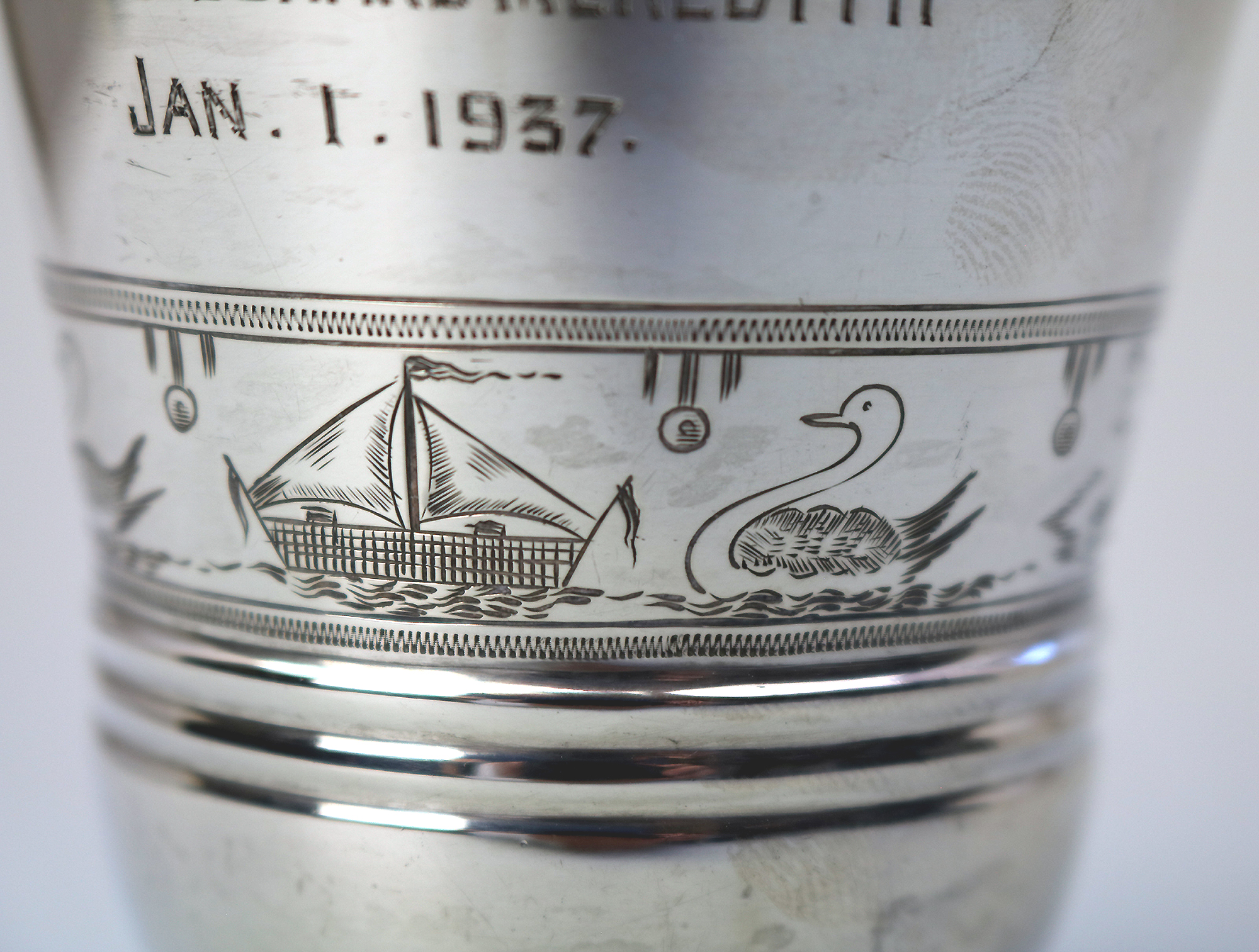 An extremely unusual solid silver novelty Fox handled Nursery Mug 100g C.1932