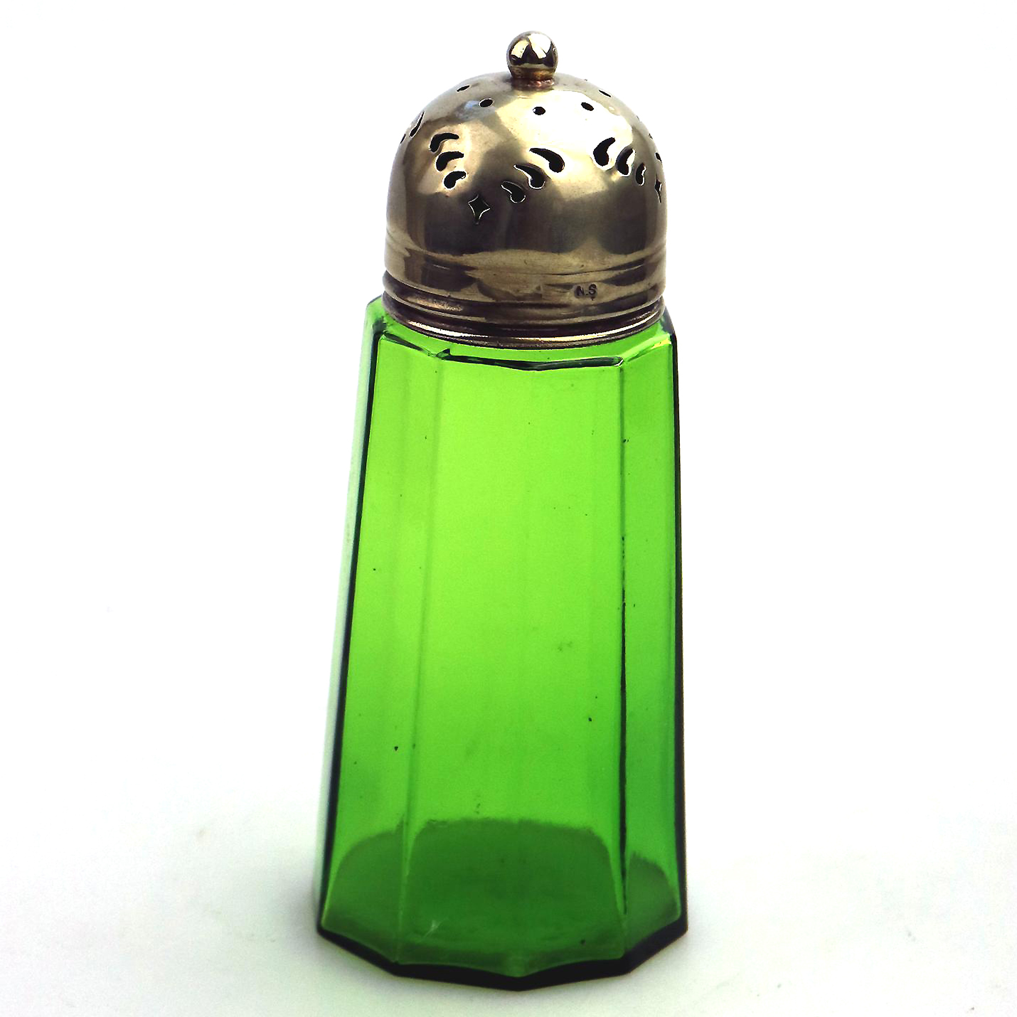 An antique coloured Bristol green glass Muffineer Sugar Shaker Caster C.19thC