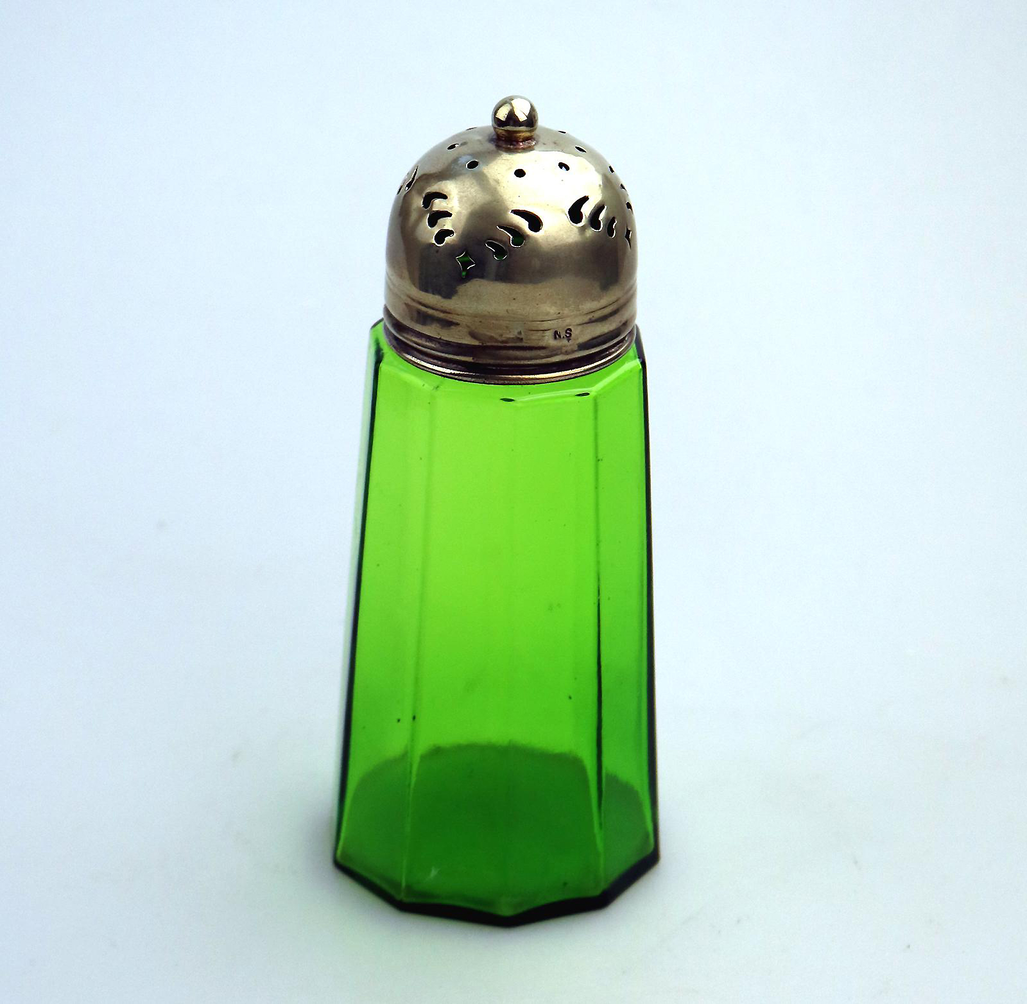 An antique coloured Bristol green glass Muffineer Sugar Shaker Caster C.19thC