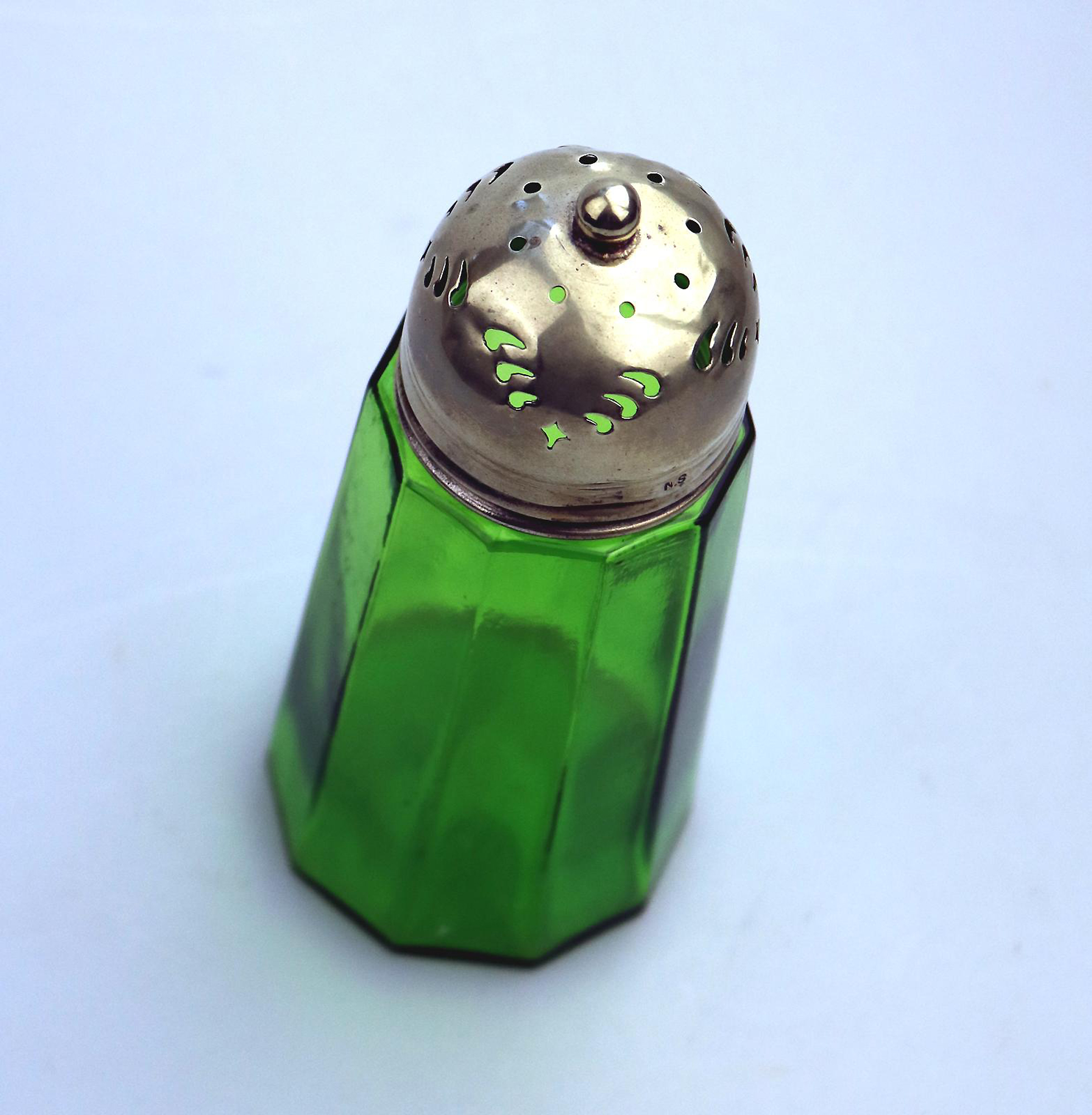An antique coloured Bristol green glass Muffineer Sugar Shaker Caster C.19thC